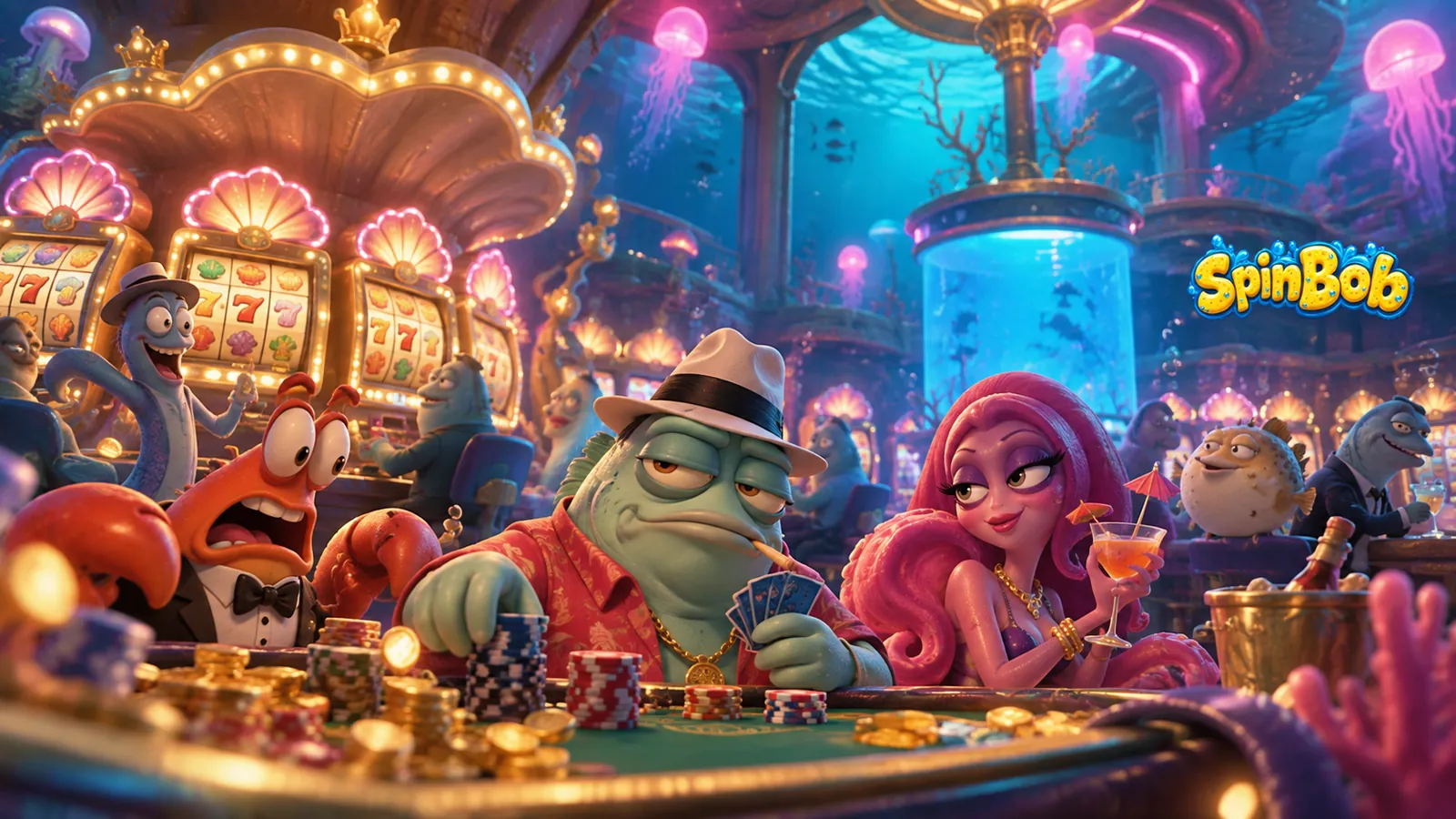 Spinbob reef casino card table with sea-creature players