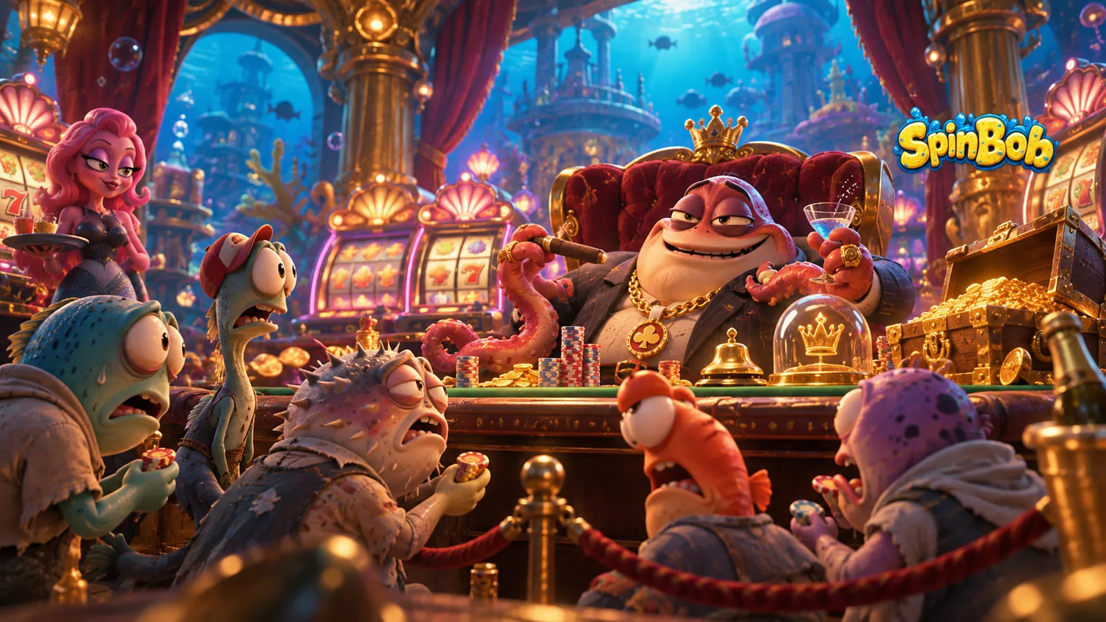 Pufferfish boss on a golden throne in the Spinbob VIP lounge